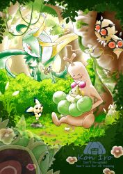 bird blush_stickers bonsly bush butterfree celebi closed_mouth commentary_request cutiefly day egg flower gen_1_pokemon gen_2_pokemon gen_3_pokemon gen_4_pokemon gen_5_pokemon gen_7_pokemon grass hatching highres hoothoot kecleon kon&#039;iro_(godzilla0725) legendary_pokemon mythical_pokemon nintendo no_humans outdoors pichu pokemon pokemon_(creature) pokemon_egg pokemon_focus ribombee serperior signature sitting smile sudowoodo tree watermark