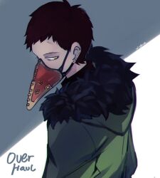 1boy black_hair boku_no_hero_academia character_name coat earrings eyelashes green_coat hood hood_down jewelry looking_at_viewer looking_back male_focus mask mouth_mask overhaul_(boku_no_hero_academia) short_hair solo windylie yellow_eyes