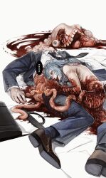 2boys ass blood blood_on_body blue_hair completely_nude corpse death eyeball guro highres huli_xiaobai intestines jujutsu_kaisen long_hair looking_at_another lying mahito_(jujutsu_kaisen) multiple_boys nosebleed nude on_side