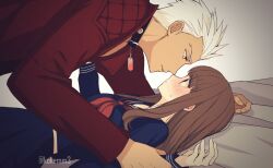 Rule 34 | 1boy, 1girl, archer (cool and wild) (fate), archer (fate), artist name, blush, brown hair, couple, dark-skinned male, dark skin, fate/extra, fate/extra ccc, fate (series), highres, imminent kiss, kishinami hakuno (female), kokemomomi, looking at another, school uniform, signature, spiked hair, tsukumihara academy uniform (fate/extra ccc), twitter username, white hair