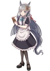 1girl 418tiger absurdres alternate_costume animal_ears apron black_dress black_pantyhose blue_eyes blunt_bangs chrono_genesis_(umamusume) dress ear_ornament enmaided frilled_apron frills full_body grey_hair highres holding holding_pencil horse_ears horse_girl horse_tail long_hair looking_at_viewer maid maid_apron maid_headdress mary_janes pantyhose pencil puffy_short_sleeves puffy_sleeves shoes short_sleeves simple_background solo tail umamusume waist_apron watch white_apron white_background wristwatch