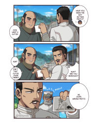 3boys 3koma absurdres aged_down all_fours bald blush character_request comic dark-skinned_male dark_skin draw_your_babygirl_(meme) drawing_(object) english_text facial_hair forked_eyebrows goatee golden_kamuy highres holding holding_drawing koito_heiji koito_otonoshin male_focus meme msf_(felsmlll) multiple_boys mustache old old_man pointing pointing_at_another scene_reference short_hair sweatdrop tsurumi_tokushirou