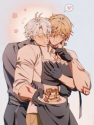 Rule 34 | 2boys, apron, arm up, black apron, black gloves, black pants, black shirt, blush, body markings, braid, brown pants, chewing, closed eyes, collared shirt, commentary, curtained hair, ear piercing, earrings, eating, english commentary, feeding, food, food on face, fork, gloves, hair between eyes, hand on another&#039;s chest, head on another&#039;s shoulder, heart, highres, holding, holding fork, holding plate, holding utensil, honkai: star rail, honkai (series), jewelry, light smile, lycheelinecat, male focus, medium hair, multiple boys, mydei (honkai: star rail), notice lines, pancake, pancake stack, pants, phainon (honkai: star rail), piercing, plate, shirt, short hair, side braid, single braid, sleeves rolled up, speech bubble, spoken heart, standing, utensil, white shirt, wing collar, yaoi, yellow eyes
