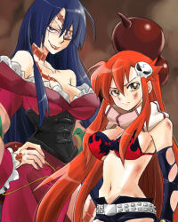 00s 2girls adiane alternate_hairstyle belt bikini bikini_top_only blue_hair breasts cleavage corset dress eyepatch gloves hair_ornament large_breasts lipstick long_hair makeup midriff multiple_girls neko_yuuko red_hair scarf scorpion_tail shorts swimsuit tail tattoo tengen_toppa_gurren_lagann torn_clothes torn_gloves very_long_hair yellow_eyes yoko_littner