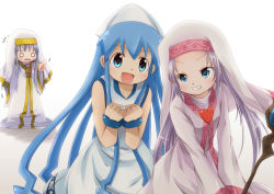 10s 3girls blue_eyes blue_hair boku_wa_tomodachi_ga_sukunai crossover dress green_eyes habit hat iguchi_yuka ikamusume index_(toaru_majutsu_no_index) long_hair look-alike multiple_girls nora-toro nun o_o purple_hair robe season_connection voice_actor_connection shinryaku!_ikamusume takayama_maria tentacle_hair toaru_majutsu_no_index