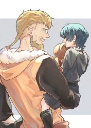 2boys aged_down beard black_boots black_shorts blonde_hair boots braid carrying carrying_person child closed_eyes commentary_request cowboy_shot facial_hair father_and_son fire_emblem fire_emblem:_three_houses fur-trimmed_hood fur_trim green_hair grey_shirt grin highres hood hood_down jeralt_reus_eisner long_sleeves looking_at_another male_byleth_(fire_emblem) male_focus multiple_boys nintendo shirt short_hair shorts single_braid smile stuffed_animal stuffed_toy teddy_bear teeth un_faro white_fur
