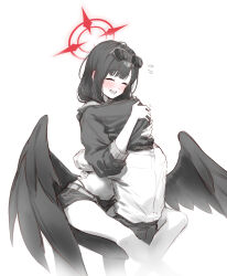 1boy 1girl absurdres blush closed_eyes eshineko eyewear_on_head feathered_wings halo head_under_another&#039;s_clothes highres hug ichika_(blue_archive) ichika_(swimsuit)_(blue_archive) leg_lock navel open_mouth pants partially_colored red_halo sensei_(blue_archive) shirt shorts sitting sitting_on_lap sitting_on_person stomach sunglasses under_another&#039;s_clothes wings
