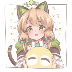 1girl :d animal_ear_headphones animal_ears aqua_necktie black_tail blonde_hair blue_archive blush border bow cat_ear_headphones cat_ears cat_tail collared_shirt commentary_request fake_animal_ears fake_tail green_bow green_eyes green_halo green_jacket hair_bow halo headphones heart holding hood hooded_jacket jacket long_sleeves looking_at_viewer low-tied_sidelocks medium_hair midori_(blue_archive) multicolored_jacket necktie open_clothes open_jacket open_mouth outside_border parted_bangs shirt sidelocks simple_background smile solo sorap_128 swept_bangs tail upper_body white_background white_border white_jacket white_shirt
