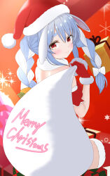 Rule 34 | 1girl, absurdres, alternate costume, animal ears, bag, blue hair, bow, braid, carrot hair ornament, christmas, closed mouth, commentary request, food-themed hair ornament, fur-trimmed gloves, fur-trimmed headwear, fur-trimmed thighhighs, fur trim, gloves, hair bow, hair ornament, hat, highres, holding, holding bag, hololive, johnny 0716, looking at viewer, looking back, merry christmas, multicolored hair, rabbit-shaped pupils, rabbit ears, red eyes, red gloves, red thighhighs, santa costume, santa hat, sidelocks, sitting, smile, solo, streaked hair, symbol-shaped pupils, thighhighs, twin braids, usada pekora, virtual youtuber, white bag, white bow, white hair