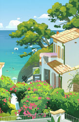 artist_name black_cat blue_sky building bush cat cloud commentary day english_commentary flower highres horizon house huhv. no_humans ocean original outdoors pink_flower plant railing scenery sky tree umbrella water