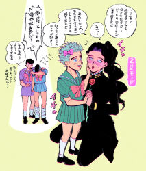 1girl 3boys blush bow commentary crossdressing diamond_wa_kudakenai gakuran hand_on_another&#039;s_cheek hand_on_another&#039;s_face higashikata_josuke hirose_koichi holding_hands jojo_no_kimyou_na_bouken long_hair multiple_boys nijimura_okuyasu oniyama831 pink_bow pompadour school_uniform speech_bubble yamagishi_yukako
