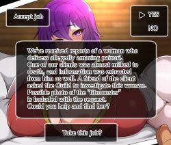 1boy 1girl arc_the_lad ass bed bed_sheet breasts cleavage clothes_pull covered_erect_nipples english_text eye_contact female_focus gigantic_breasts head_rest highres holding huge_ass huge_breasts japanese_clothes kimono kukuru_(arc_the_lad) large_breasts lips lipstick looking_at_another looking_at_viewer lying makeup mature_female miko nipple_slip nipples on_side paizuri_invitation photo_(object) pillow pov purple_eyes purple_hair robe short_hair smile text_box thick_thighs thighs translated wide_sleeves yukichi100yu