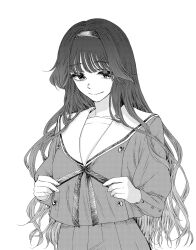 1girl buttons closed_mouth commentary_request double-breasted greyscale hairband highres kaoru_hana_wa_rin_to_saku kikyo_private_academy_school_uniform long_sleeves looking_to_the_side mikami_saka monochrome neck_ribbon official_art ribbon school_uniform serafuku shirt simple_background skirt smile solo waguri_kaoruko white_background