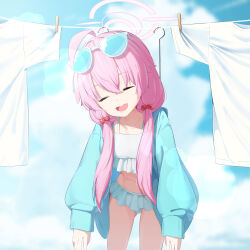 1girl absurdres bananafish1111 bikini bikini_skirt blue_archive blue_jacket blush breasts closed_eyes commentary_request day eyewear_on_head hair_between_eyes hair_bobbles hair_ornament hanging happy highres hoshino_(blue_archive) hoshino_(swimsuit)_(blue_archive) jacket leaning_forward long_hair midriff navel open_clothes open_jacket open_mouth outdoors pink_hair relaxing small_breasts smile solo sunglasses swimsuit twintails very_long_hair white_bikini