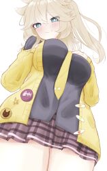 Rule 34 | 1girl, absurdres, black shirt, blonde hair, blue eyes, blush, breasts, bright pupils, cardigan, closed mouth, commentary request, cowboy shot, from below, highres, kasukabe tsumugi, large breasts, long hair, looking at viewer, looking down, miniskirt, necktie, one side up, open cardigan, open clothes, plaid clothes, plaid skirt, purple skirt, shirt, simple background, skirt, smile, solo, syota pinko, thighs, voicevox, white background, white pupils, yellow cardigan, yellow necktie