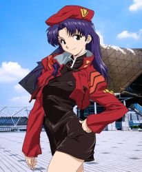 1girl breasts curvy dress female_focus game_cg hand_on_own_hip jacket jewelry katsuragi_misato kneeling large_breasts long_hair looking_at_viewer necklace neon_genesis_evangelion open_clothes open_jacket parted_lips purple_hair short_dress sky smile solo turtleneck yabusame