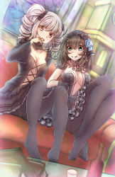 10s 2girls bad_feet black_dress black_gloves black_hair blue_eyes breasts cleavage commentary_request couch dress drill_hair feet flower gloves hair_between_eyes hair_flower hair_ornament hairband highres idolmaster idolmaster_cinderella_girls idolmaster_cinderella_girls_starlight_stage kanzaki_ranko long_hair long_sleeves looking_at_viewer medium_breasts multiple_girls no_shoes on_couch pantyhose red_eyes sagisawa_fumika shou_zong shǒu_zhǒng silver_hair sitting smile thighhighs twin_drills twintails