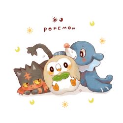 :&lt; animal_focus black_eyes blush bright_pupils colored_sclera commentary_request creatures_(company) crescent_moon full_body fumika_(chako_sirokuma) game_freak gen_7_pokemon hat litten moon nintendo no_humans pokemon pokemon_(creature) popplio rowlet simple_background starter_pokemon_trio sun_hat white_background white_pupils yellow_sclera