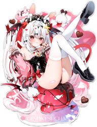 1girl animal_ears bandaid bandaids_on_nipples black_leotard blush breasts candy chihiro_(khorosho) chocolate chocolate_heart chocolate_on_head cross_hair_ornament food frilled_hairband frills full_body grey_hair hair_ornament hairband hairclip heart heart-shaped_food highres holding holding_chocolate holding_food jacket jacket_partially_removed legs_up leotard loafers long_sleeves looking_at_viewer original pasties pink_jacket playboy_bunny red_eyes red_ribbon ribbon shoes simple_background small_breasts smile thighhighs transparent_background twintails valentine white_hair white_thighhighs