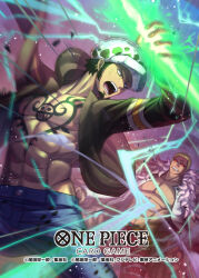 2boys abs attack black_coat blonde_hair chest_tattoo coat commentary_request copyright_name denim donquixote_doflamingo earrings facial_hair goatee hat jeans jewelry male_focus multiple_boys official_art one_piece one_piece_card_game open_mouth pants sajima_minato sideburns sunglasses tattoo trafalgar_law