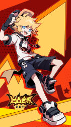 Rule 34 | 1boy, :d, ahoge, aotu world, arrow (symbol), baseball cap, belt, black gloves, black hat, black shorts, blonde hair, blue eyes, chinese commentary, copyright name, drawstring, fang, fingerless gloves, full body, gloves, hair between eyes, halftone, hand up, hat, highres, hood, hood down, hoodie, king (aotu world), looking at viewer, male focus, official art, open mouth, pointy ears, qi chuang she, red background, shoes, short sleeves, shorts, smile, sneakers, solo, spiked hair, star (symbol), teeth, white hoodie, white shoes, yellow belt
