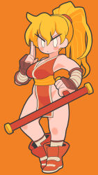 1girl blush brown_gloves commentary final_fight fingerless_gloves full_body gashi-gashi genryuusai_maki gloves highres long_hair looking_at_viewer no_nose orange_background orange_hair orange_theme pelvic_curtain ponytail red_shoes revealing_clothes shoes simple_background socks solo standing symbol-only_commentary white_eyes