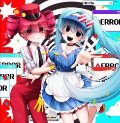 2girls alternate_costume alternate_eye_color apron black_choker black_eyes blue_background blue_dress blue_hair blue_hat blush bow buttons choker cloud collared_shirt contrapposto cursor dasom diagonal-striped_bow double-breasted dress drill_hair error_message false_smile flat_chest floating_hair gloves grin hair_between_eyes hashtag-only_commentary hat hat_bow hatsune_miku highres holding_another&#039;s_arm kasane_teto kepi leg_up looking_at_viewer mesmerizer_(vocaloid) military_hat multiple_girls outstretched_arm pants pinstripe_dress pinstripe_hat pinstripe_pattern reaching reaching_towards_viewer red_background red_bow red_eyes red_hat red_pants roller_skates sailor_collar shaded_face sharp_teeth shirt short_sleeves skates sleeves_rolled_up smile smiley_hat_ornament socks solid_circle_eyes spiral standing standing_on_one_leg striped_bow sweatdrop teeth tongue tongue_out twin_drills twintails two-tone_bow utau visor_cap vocaloid waist_apron white_apron white_bow white_sailor_collar white_socks white_wrist_cuffs wing_collar wrist_cuffs yellow_gloves
