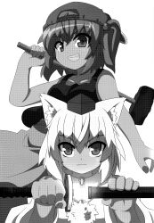 2girls absurdres animal_ears baseball_cap comic greyscale hair_bobbles hair_ornament hammer hat highres inubashiri_momiji kawashiro_nitori long_sleeves medium_hair monochrome multiple_girls pom_pom_(clothes) ryuu_(multitask) short_hair skirt sword tank_top tokin_hat touhou translation_request twintails two_side_up weapon wide_sleeves wolf_ears