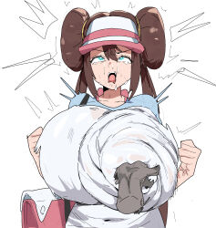 1boy 1girl alternate_breast_size bag blue_eyes breasts brown_hair citizen_k_(pngj5475) covered_erect_nipples dark-skinned_male dark_skin disembodied_hand double_bun grabbing_another&#039;s_breast groping hair_between_eyes hair_bun highres huge_breasts long_hair looking_at_viewer nintendo poke_ball_print pokemon pokemon_bw2 rolling_eyes rosa_(pokemon) ryona shirt shoulder_bag tears twisting upper_body very_long_hair visor_cap white_shirt wide-eyed