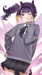 Rule 34 | 1girl, absurdres, cardigan, cowboy shot, floating hair, grey cardigan, grey skirt, hair ornament, hand on own face, hand on own hip, heterochromia, high side ponytail, highres, hololive, hololive english, neck ribbon, ninomae ina&#039;nis, ninomae ina&#039;nis (school uniform), official alternate costume, official alternate hairstyle, plaid clothes, plaid skirt, pleated skirt, pointy ears, purple eyes, purple hair, rakku (rkrmz0n), red eyes, ribbon, skirt, smile, solo, sparkle, standing, tentacle hair, v-neck, virtual youtuber