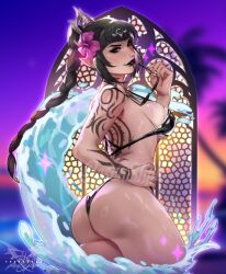 1girl ass baldur&#039;s_gate baldur&#039;s_gate_3 bikini black_hair braid breasts christine_spiegel dungeons_&amp;_dragons dungeons_&amp;_dragons elf large_breasts long_hair looking_at_viewer multi-tied_hair pointy_ears scar scar_on_face shadowheart_(baldur&#039;s_gate) smile solo swimsuit