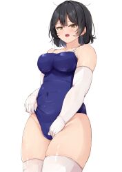 1girl :d black_hair blue_one-piece_swimsuit blush breasts brown_eyes collarbone covered_navel elbow_gloves fang gloves hair_between_eyes highres looking_at_viewer medium_breasts one-piece_swimsuit open_mouth original plump shinonon_(iso_shino) sidelocks simple_background smile solo standing swimsuit thighhighs white_background white_gloves white_thighhighs