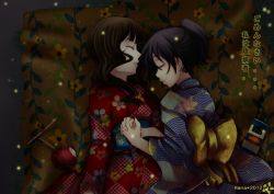 10s 2girls black_hair black_rock_shooter brown_hair closed_eyes hana_keijou holding_hands interlocked_fingers japanese_clothes kimono kuroi_mato long_hair multiple_girls obi ponytail sash takanashi_yomi translation_request yuri