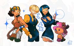 1girl 3boys black_hair black_vest blonde_hair dark-skinned_female dark-skinned_male dark_skin discooco highres multiple_boys nico_robin one_piece orange_shirt sanji_(one_piece) shirt smile tony_tony_chopper usopp vest