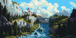 blue_sky bridge building cloud day landscape mountain no_humans original outdoors philipp_urlich pine_tree pixel_art river scenery sky tree water waterfall