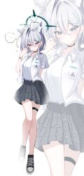 1girl absurdres ahoge animal_ears arm_behind_back black_shoes black_skirt blue_archive blush breast_pocket broken_halo closed_mouth commentary_request cross_hair_ornament full_body grey_eyes grey_hair hair_between_eyes hair_ornament halo hand_up heart highres long_hair looking_at_viewer pleated_skirt pocket shiroko_(blue_archive) shiroko_terror_(blue_archive) shirt shoes skirt spoken_blush thigh_strap wgff4824 white_shirt wolf_ears wolf_girl zoom_layer