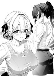 2girls absurdres ass blush breasts closed_mouth giuniu greyscale hair_between_eyes hair_ribbon highres long_hair monochrome multiple_girls novel_illustration official_art otoko_girai_na_bijin_shimai_wo_namae_mo_tsugezu_ni_tasuketara_ittai_dounaru? ponytail ribbon second-party_source shinjou_aina_(otomai) shinjou_arisa_(otomai) shirt shorts smile swimsuit swimsuit_under_clothes taut_clothes taut_shirt wet wet_clothes wet_shirt