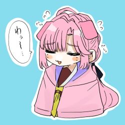 1girl :3 ahoge animal_ears anyoji_hime black_ribbon blue_background blush blush_stickers brown_dress commentary_request cropped_torso crying curtained_hair dog_ears dress flying_sweatdrops hair_ribbon hasu_no_sora_school_uniform highres hood hooded_jacket jacket kemonomimi_mode link!_like!_love_live! long_hair love_live! multi-tied_hair neckerchief open_clothes open_jacket open_mouth outline pink_jacket ponytail puripuri_hurai raised_inner_eyebrows ribbon sailor_collar sailor_dress school_uniform sidelocks simple_background solo translation_request virtual_youtuber white_outline white_sailor_collar winter_uniform yellow_neckerchief