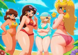Rule 34 | 4girls, ass, beach, bikini, bikini skirt, blonde hair, blue bikini, blue eyes, blue hat, blue sky, breasts, brooch, brown hair, butt crack, closed mouth, cloud, cowboy shot, crossed arms, day, earrings, flower, flower brooch, flower earrings, food print, from behind, hair flower, hair ornament, hair over one eye, hand on own hip, hat, hat flower, head wreath, heart, hoop earrings, jewelry, large breasts, long hair, looking at viewer, looking back, luma (mario), mario (series), medium breasts, multiple girls, mushroom print, navel, nintendo, ocean, open mouth, outdoors, palm tree, pauline (mario), pink bikini, princess daisy, princess peach, print bikini, red bikini, rosalina, sand, sky, smile, sparkle, speech bubble, spoken heart, standing, star (symbol), star brooch, star earrings, sunglasses on head, super mushroom, swimsuit, tan, thick thighs, thighs, tony welt, tree, v, water, wide hips, yellow bikini