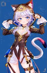 Rule 34 | 1girl, :3, absurdres, aiu ., animal ears, black gloves, black leotard, blue eyes, blush, braid, breasts, cat ears, cat girl, cat tail, cipher (honkai: star rail), cleavage, closed mouth, commentary, fingerless gloves, gloves, highres, honkai: star rail, honkai (series), hood, hood up, leotard, looking at viewer, purple hair, revision, shorts, small breasts, smile, solo, tail, thigh strap, twin braids, white shorts