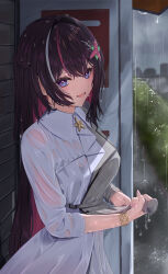 1girl ascot awning azki_(4th_costume)_(hololive) azki_(hololive) blue_eyes bra_visible_through_clothes bracelet braid brown_hair brown_jacket collared_dress colored_inner_hair commentary_request double-parted_bangs dress from_side hair_between_eyes hair_intakes hair_ornament hairclip half_up_braid half_updo highres hololive jacket jewelry long_hair looking_at_viewer mole mole_under_eye multicolored_hair nmhdtnr1 official_alternate_costume official_alternate_hairstyle outdoors pink_hair purple_eyes rain raised_inner_eyebrows see-through_clothes see-through_dress solo streaked_hair taking_shelter three-quarter_sleeves very_long_hair virtual_youtuber wet wet_clothes wet_hair white_ascot white_dress white_hair wringing_clothes wringing_dress