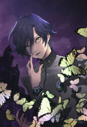 1boy arm_up bayu_(uyab003) blue_hair bug building butterfly collared_jacket commentary_request curtained_hair eyelashes grey_jacket highres insect jacket long_sleeves male_focus night night_sky open_mouth parted_bangs parted_hair persona persona_1 school_emblem school_uniform sky slit_pupils solo st._hermelin_school_uniform star_(sky) starry_sky teeth toudou_naoya upper_body watch wristwatch yellow_eyes