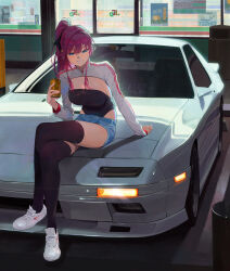 Rule 34 | 1girl, absurdres, arm support, beer can, black leotard, black thighhighs, blue eyes, blue shorts, blush, breasts, can, car, check vehicle, crossed legs, denim, denim shorts, drink can, grey car, grin, high ponytail, highleg, highleg leotard, highres, holding, holding can, ko-ma, large breasts, leotard, leotard under clothes, long hair, long sleeves, looking at viewer, mazda rx-7, motor vehicle, on car, original, outdoors, ponytail, purple hair, riona (ko-ma), shoes, short shorts, shorts, shrug (clothing), sitting, sleeves past wrists, smile, sneakers, solo, strapless, strapless leotard, thighhighs, vehicle request, white shoes
