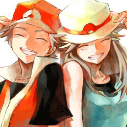 1boy 1girl ;d ^_^ artist_request bad_id bad_pixiv_id baseball_cap blue_shirt blush brown_hair closed_eyes cropped_torso hat leaf_(pokemon) leaning_on_person multi-source_commentary nintendo noco_(pixiv37584392) one_eye_closed open_mouth pokemon pokemon_frlg pose_imitation red_(pokemon) red_hat shirt sleeveless sleeveless_shirt smile symmetrical_pose white_hat
