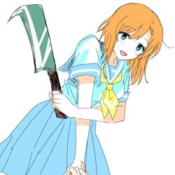 1girl :d blue_eyes blue_sailor_collar blue_skirt blush flat_color hand_up hashitsuki_nata higurashi_no_naku_koro_ni holding holding_weapon jaggy_lines leaning_forward looking_at_viewer medium_hair medium_skirt nata_(tool) neckerchief open_mouth orange_hair pleated_skirt ryuuguu_rena sailor_collar school_uniform serafuku shirt sierit simple_background sketch skirt smile solo summer_uniform weapon white_background white_shirt yellow_neckerchief