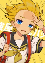 1boy absurdres aruminsuko backpack bag black_sailor_collar blonde_hair blue_eyes commentary_request fang forehead highres kagamine_len kyoufuu_all_back_(vocaloid) male_focus randoseru sailor_collar solo translation_request upper_body vocaloid