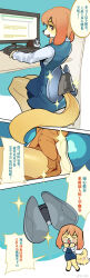 &gt;_&lt; 1girl :3 afterimage animal_ears animal_nose blue_shoes blue_skirt blue_vest body_fur buttons chibi chibi_inset chinese_text closed_eyes collared_shirt computer_keyboard dog_ears dog_girl dog_tail fang female_focus from_behind full_body furry furry_female hands_up happy jpeg_artifacts knees_together_feet_apart long_sleeves looking_at_viewer looking_back magiace medium_hair miniskirt monitor motion_lines multiple_views office_lady open_mouth orange_hair original profile red_eyes shirt shoes sidelocks sitting skirt smile snout sparkle speech_bubble standing tail tail_wagging talking translation_request two-tone_fur vest watermark weibo_watermark white_fur white_shirt yellow_fur