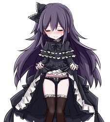 black_bow black_bowtie black_panties black_thighhighs blush bow bowtie closed_eyes clothes_lift dress duel_monster embarrassed frilled_dress frills ghost_belle_&amp;_haunted_mansion goth_fashion gothic_lolita highres kotokasu_(kumagaisinya) lifting_own_clothes lolita_fashion long_hair panties purple_eyes purple_hair shirt_lift thighhighs underwear yu-gi-oh!
