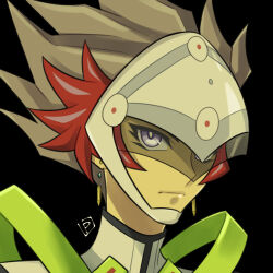 1boy assault_visor black_background bullet_earrings closed_mouth commentary_request earrings grey_hair jewelry kogami_ryoken looking_at_viewer male_focus multicolored_hair pomiwo purple_eyes red_eyes revolver_(yu-gi-oh!) solo two-tone_hair upper_body yu-gi-oh! yu-gi-oh!_vrains