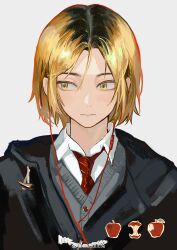 Rule 34 | 1boy, absurdres, apple, black jacket, blonde hair, brown hair, closed mouth, earbuds, earphones, food, fruit, grey sweater vest, haikyuu!!, hair between eyes, highres, jacket, kozume kenma, looking to the side, male focus, medium hair, multicolored hair, necktie, parted bangs, portrait, red necktie, shirt, simple background, solo, striped necktie, sweater vest, tuuuuuututu, two-tone hair, v-neck, white background, white shirt, yellow eyes